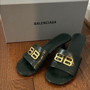 Balenciaga Dark Green Slide Sandals with Gold Accent